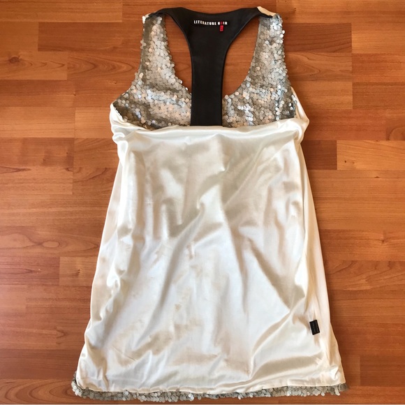 LITERATURE NOIR | Sexy Silver Sequin Mini Dress Black Leather Racer Back Size M - Picture 11 of 13